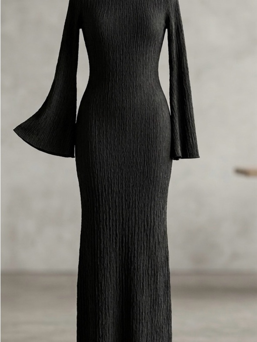Elegant Black Long-Sleeve Textured Maxi Dress